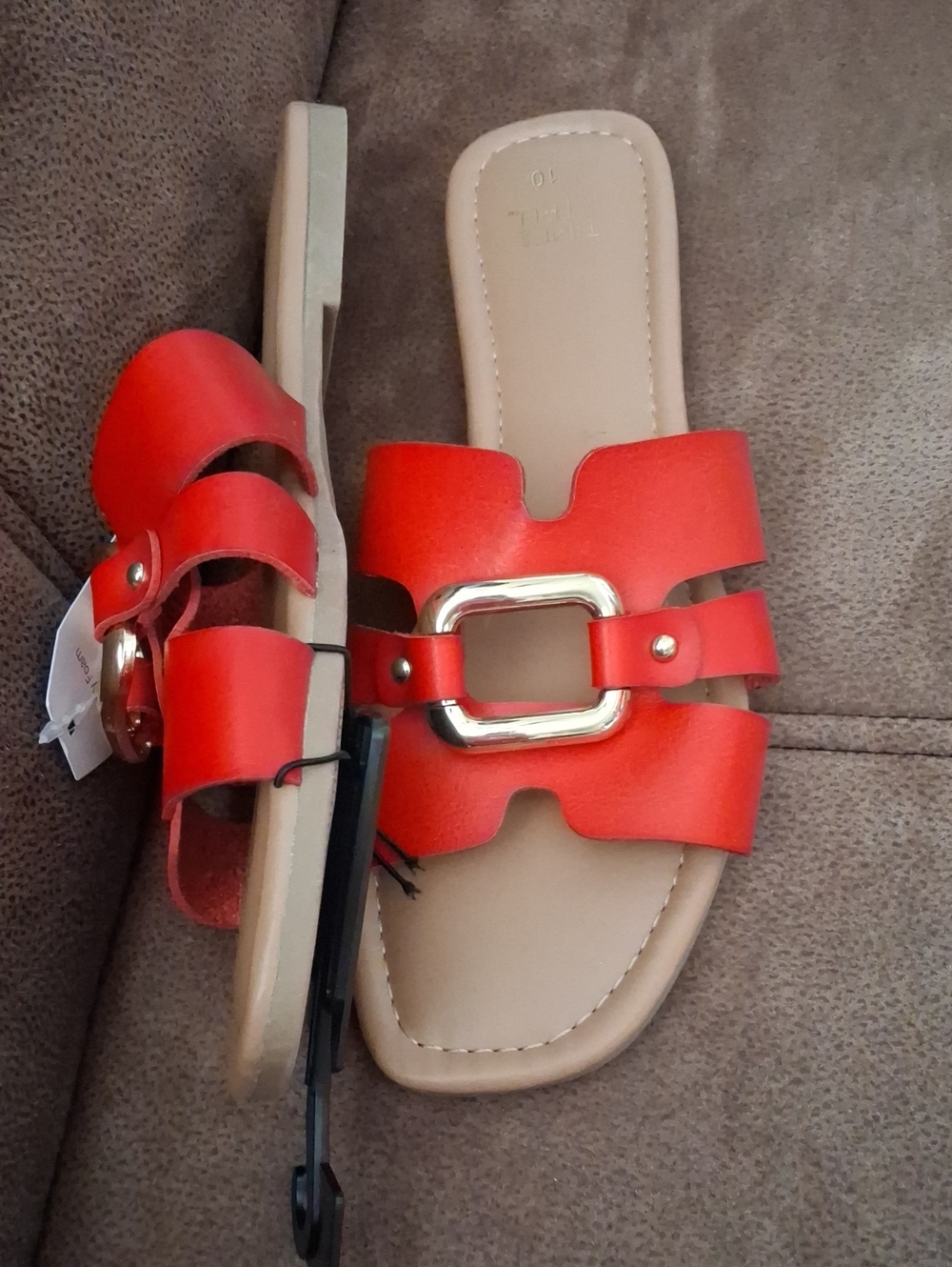 Time And Tru Red Women's Embellished Slide Sandals with Buckle Accent Size 10